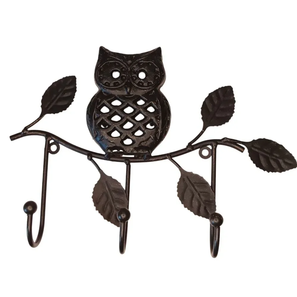 Owl On Tree Branch Wall Hanger Key Holder Three (3) Hooks Black Metal 10.5x7x1
